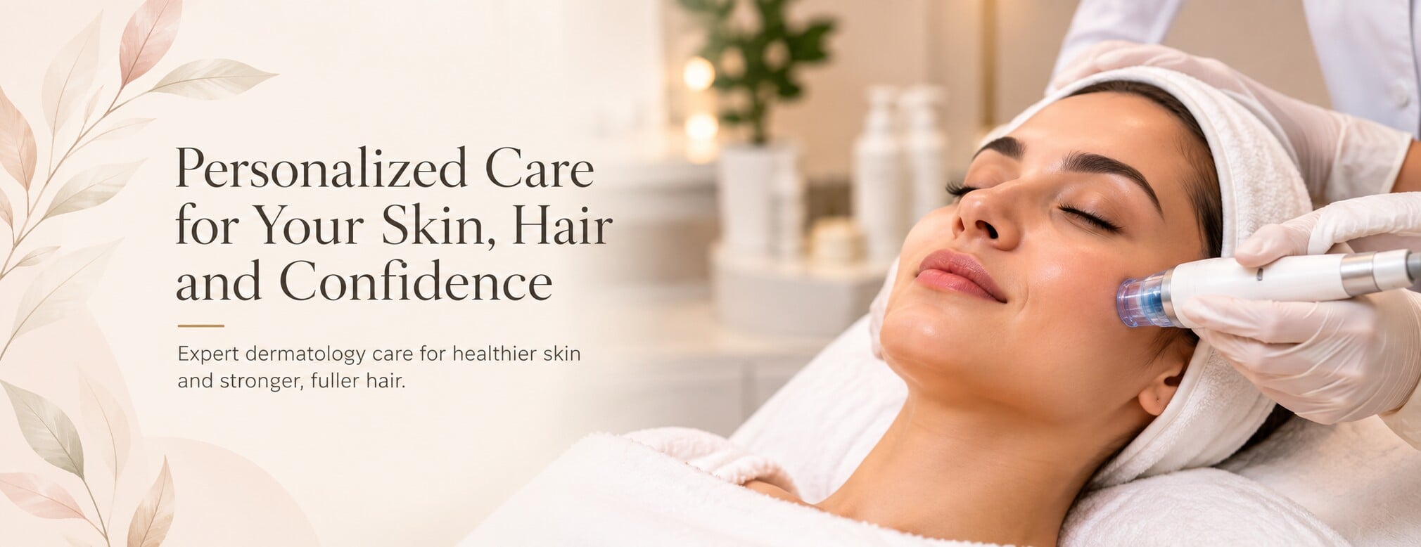 Promotional artwork with the words Personalized Care for Your Skin, Hair and Confidence. It is not a photograph of a patient at Astra Skin and Hair Clinic.